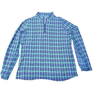 IBKUL Women's Icefil Stay Cool zip mock top blue green geometric print Sz L